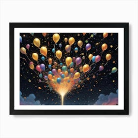 A Colorful Burst Of Balloons Rises Into The Night Sky, Leaving A Trail Of Confetti And Sparkles, Evoking A Sense Of Joy And Celebration Art Print