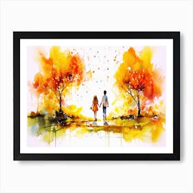 Young Love Autumn - Watercolor Of Couple Holding Hands Art Print