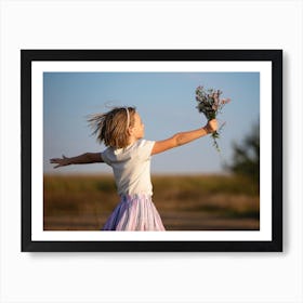 Little Girl Holding A Bouquet Of Flowers Art Print