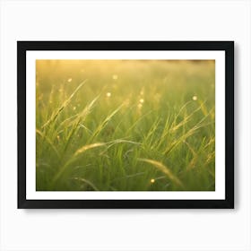 A Close Up View Of Green Grass With Dew Drops And Sunlight, Creating A Sense Of Freshness And Tranquility Art Print