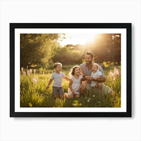 Family Portrait Composed Of Woman Radiating Joy And Man Laughing With Their Children In A Lush Gard Poster