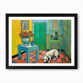 Dog in Green Yellow Room. Retro Oil Henry Matisse Style Interior Painting Art Print