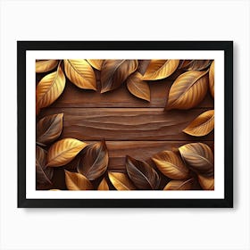 Golden And Brown Leaves and Feathers on Wooden Brown Background Art Print