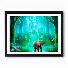 Baby Elephant Turquoise Hue Frolicking In A Fantasy Forest Oversized Luminous Orchids Towering Ab Art Print