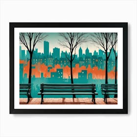 A Minimalist Image Of Two Benches With Trees In The Foreground And A Cityscape In The Background, Representing A Peaceful Urban Scene Art Print