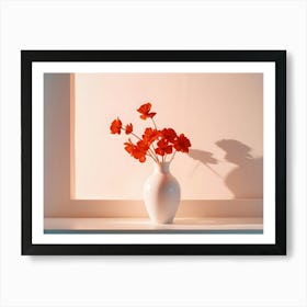 Photo Of A White Vase With Red Flowers On A White Surface, Illuminated By Warm Light Art Print