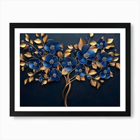 3d Luxury Tree with Blue Flowers, Gold Leaves on Dark Art Print