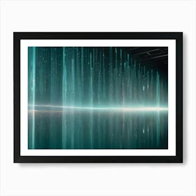 A Dark, Futuristic Space With A Series Of Vertical Lines Of Light, Resembling Data Streams Or A Cityscape Art Print