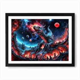 Majestic Dragon's Ascent from Blazing Mountainside in Distant Galaxy Art Print