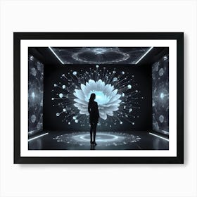 A Woman Stands In A Futuristic Room With Glowing Screens Showing A White Flower With Glowing Lines, Creating A Sense Of Connection And Growth Art Print