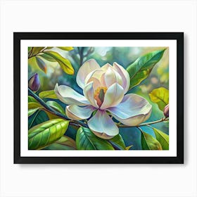 White Magnolia Flower With Green Leaves 1 Art Print