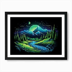 Nature Neon Green Blue Mountains River Trees Dark Abstract Art Print