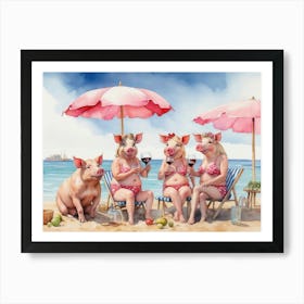 Pink Umbrellas and Piggy Pleasures Drinking Wine and Having Fun With Friends On The Beach Art Print