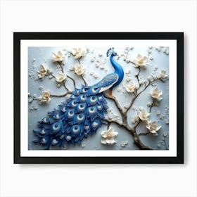 3d Blue Peacock On Branch Art With Flowers Art Print