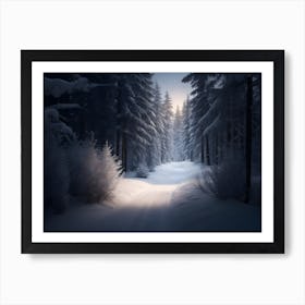 Snowy Path In The Forest With Falling Snow Art Print