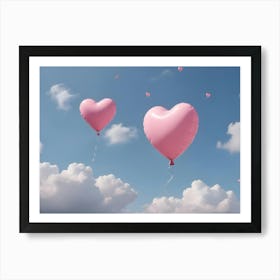 Two Pink Heart Balloons Floating In The Sky With White Clouds Art Print