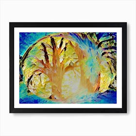 Bright Colourful Yellow Blue Modern Abstract Woodland Landscape Art Print