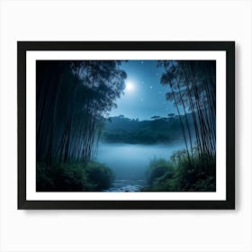 Midnight Landscape Showcasing Dense Bamboo Under A Star Filled Sky Bathed In The Soft Glow Of Moonl Art Print