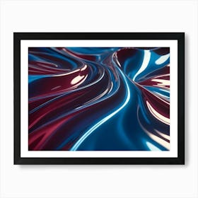 A Close Up, Abstract Image Of Flowing, Metallic Waves In Shades Of Blue And Red Art Print