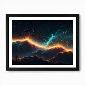 A Dramatic Landscape Of Mountains With Glowing Blue And Orange Light Trails Against A Dark Night Sky, Evoking A Sense Of Awe And Wonder 1 Art Print