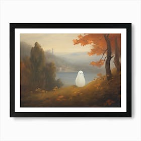 Cute Ghost Autumn Fall Castle Landscape, Halloween Spooky 4 Art Print