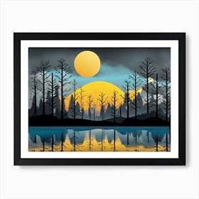 Sunset Over The Lake, Forest, sunset,   Forest bathed in the warm glow of the setting sun, forest sunset illustration, forest at sunset, sunset forest vector art, sunset, forest painting,dark forest, landscape painting, nature vector art, Forest Sunset art, trees, pines, spruces, and firs, black, blue and yellow, lake, lake in forest, reflection of sunset Art Print