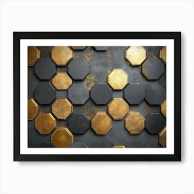 A Hexagonal Pattern On A With A Mix Of Metallic Gold And Dark Grey Textures Art Print