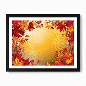 Bright Botanical Art Featuring Fall Foliage Vibrant Red Orange And Neon Colors Framing A Golden M (4) Affiche