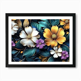 3D Art with Colorful Flowers and Leaves Art Print