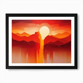 A Stylized, Painted Scene Of A Sunset Over Mountains, With The Sun Appearing As A Bright, Yellow Circle Art Print