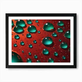 Macro Shot Of Turquoise Water Droplets On A Textured Red Surface, Creating A Captivating Abstract Pattern With Contrasting Colors Art Print