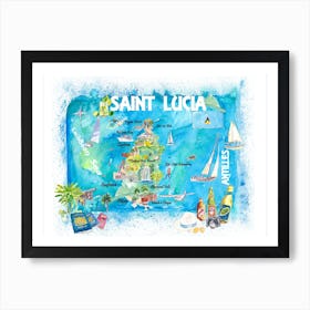 Saint Lucia West Indies Illustrated Travel Map With Roads And Highlights Art Print