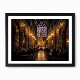 A Christmas Eve Service In A Candlelit Gothic Cathedral Illuminated Pews Leading To The Altar Prepa (2) 1 Art Print