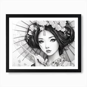 Anime Style Geisha Black And White 3 Art Print