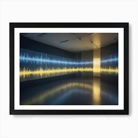 An Empty Room With A Screen Displaying A Blue And Yellow Sound Wave Pattern, Reflected On The Glossy Floor Art Print