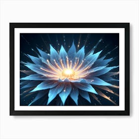 An Abstract Image Of A Glowing Blue Flower With A Bright Center And Radiating Lines Art Print