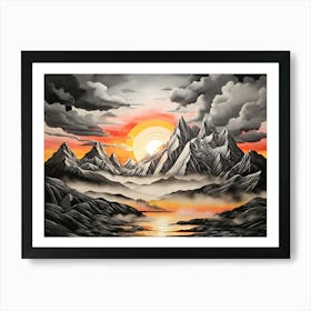 Sunset Over Mountains Black and Grey Art Print
