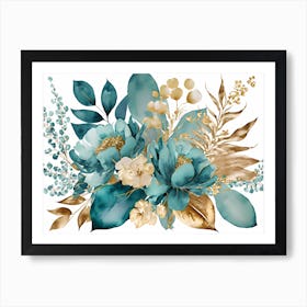 Gold And Teal Flowers 1 Art Print