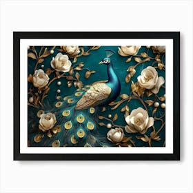 3d Artwork Peacock Illustration Background with Golden Jewelry and Flowers 1 Art Print