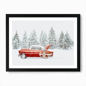 Retro Car In The Snow, Christmas Wall Art Poster