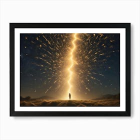 Abstract Image Of A Lone Figure Standing In A Field At Night, Looking Up At A Giant, Golden Lightning Bolt That Is Splitting The Sky Art Print