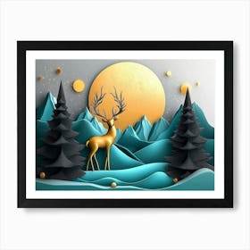 3d Modern Art with Christmas Tree, Golden Lines and Mountain and Birds in Blue Marble 1 Art Print