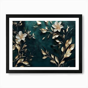 3d Modern Artwork Painting Abstraction Art With White, Dark Green And Golden And Flowers Art Print