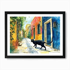 Heraklion, Greece   Cat In Street Art Watercolour Painting 2 Art Print