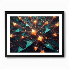 Abstract 3d Rendering With Glowing Pyramids And Lines Art Print