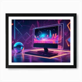 A Still Life Of A Computer, Keyboard, And A Reflective Sphere In A Futuristic, Neon Lit Room Art Print