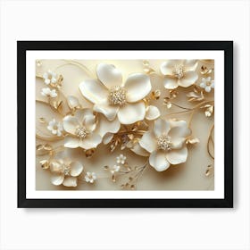 3D Marble Carved Flowers In Gold And Cream Colors Art Print