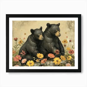 Floral Animal Illustration Black Bear 1 Art Print