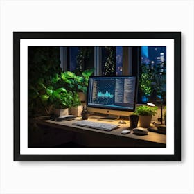 Computer Desk At Night Art Print