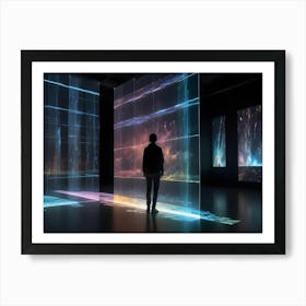 A Woman Stands In A Futuristic Space, Surrounded By Glowing, Abstract Screens Art Print